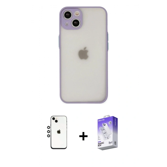 MARSİLYAN™- iPhone 14 Kılıf Ahenk Çizgi Serisi - Siyah Bilvis 5in1 3D Magic Cam Ekran Koruyucu + Shine Kamera Lens - GS