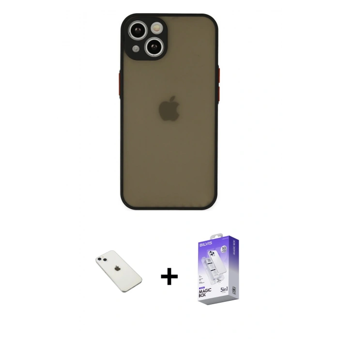 MARSİLYAN™- iPhone 14 Kılıf Ahenk Çizgi Serisi - Siyah Bilvis 5in1 3D Magic Cam Ekran Koruyucu + Sierra Blue Diamond Kamera Lens