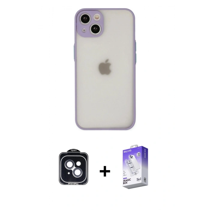 MARSİLYAN™- iPhone 14 Kılıf Ahenk Çizgi Serisi - Siyah Bilvis 5in1 3D Magic Cam Ekran Koruyucu + PVD Metal Kamera Lens - SH