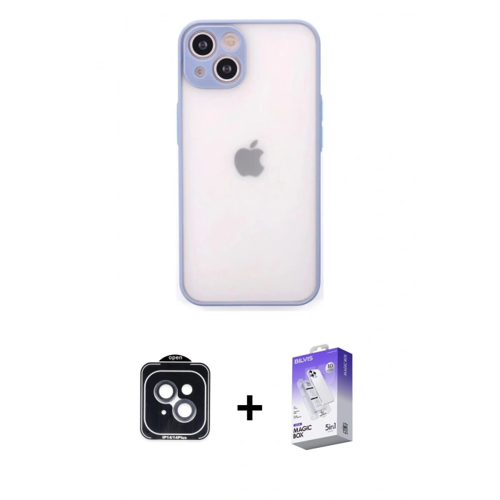MARSİLYAN™- iPhone 14 Kılıf Ahenk Çizgi Serisi - Siyah Bilvis 5in1 3D Magic Cam Ekran Koruyucu + PVD Metal Kamera Lens - SH