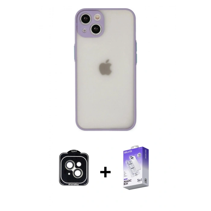 MARSİLYAN™- iPhone 14 Kılıf Ahenk Çizgi Serisi - Siyah Bilvis 5in1 3D Magic Cam Ekran Koruyucu + Yeşil PVD Metal Kamera Lens