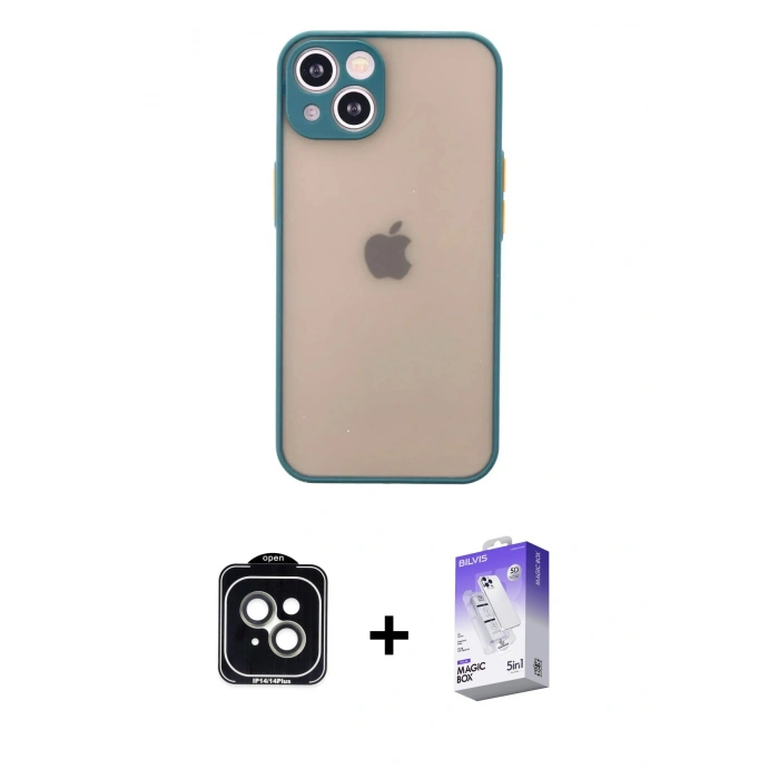 MARSİLYAN™- iPhone 14 Kılıf Ahenk Çizgi Serisi - Siyah Bilvis 5in1 3D Magic Cam Ekran Koruyucu + Yeşil PVD Metal Kamera Lens