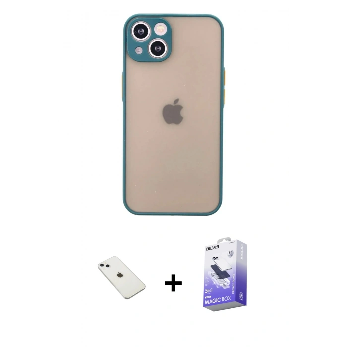 MARSİLYAN™- iPhone 14 Kılıf Ahenk Çizgi Serisi - Siyah Bilvis 5in1 5D Magic Hayalet Cam Ekran Koruyucu + Diamond Kamera Lens - SABE