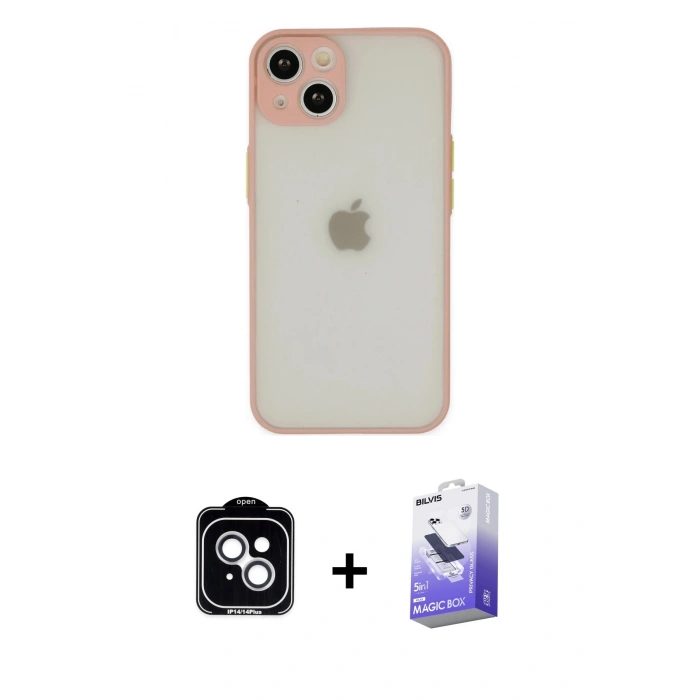 MARSİLYAN™- iPhone 14 Kılıf Ahenk Çizgi Serisi - Siyah Bilvis 5in1 5D Magic Hayalet Cam Ekran Koruyucu + PVD Metal Kamera Lens - GS