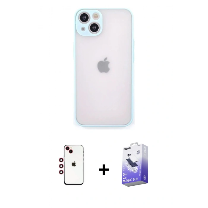 MARSİLYAN™- iPhone 14 Kılıf Ahenk Çizgi Serisi - Siyah Bilvis 5in1 5D Magic Hayalet Cam Ekran Koruyucu + Kırmızı Shine Kamera Lens