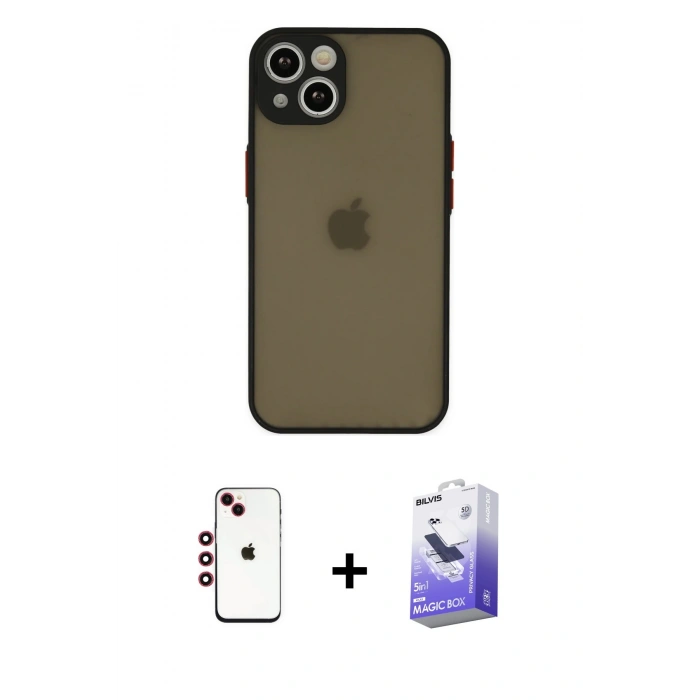 MARSİLYAN™- iPhone 14 Kılıf Ahenk Çizgi Serisi - Siyah Bilvis 5in1 5D Magic Hayalet Cam Ekran Koruyucu + Kırmızı Shine Kamera Lens