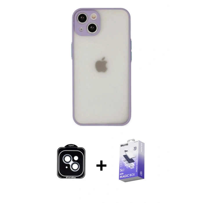 MARSİLYAN™- iPhone 14 Kılıf Ahenk Çizgi Serisi - Siyah Bilvis 5in1 5D Magic Hayalet Cam Ekran Koruyucu + PVD Metal Kamera Lens - MI