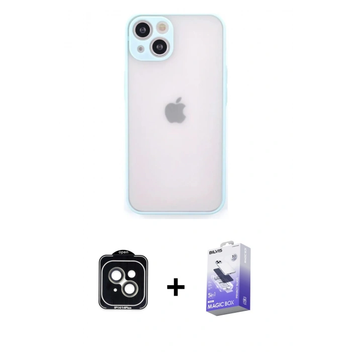 MARSİLYAN™- iPhone 14 Kılıf Ahenk Çizgi Serisi - Siyah Bilvis 5in1 5D Magic Hayalet Cam Ekran Koruyucu + PVD Metal Kamera Lens - YL