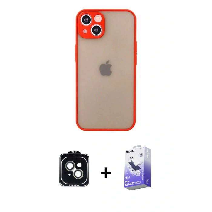 MARSİLYAN™- iPhone 14 Kılıf Ahenk Çizgi Serisi - Siyah Bilvis 5in1 5D Magic Hayalet Cam Ekran Koruyucu + PVD Metal Kamera Lens - YL