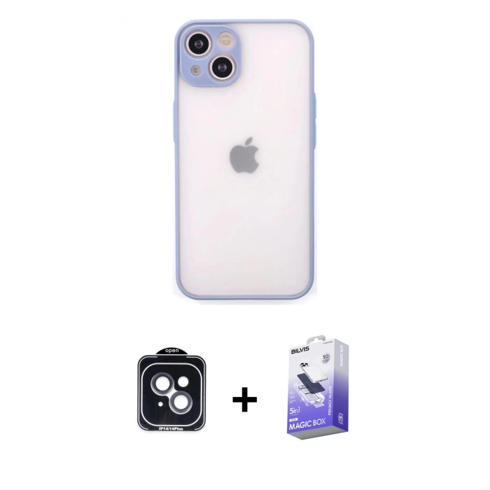 MARSİLYAN™- iPhone 14 Kılıf Ahenk Çizgi Serisi - Siyah Bilvis 5in1 5D Magic Hayalet Cam Ekran Koruyucu + PVD Metal Kamera Lens - SH