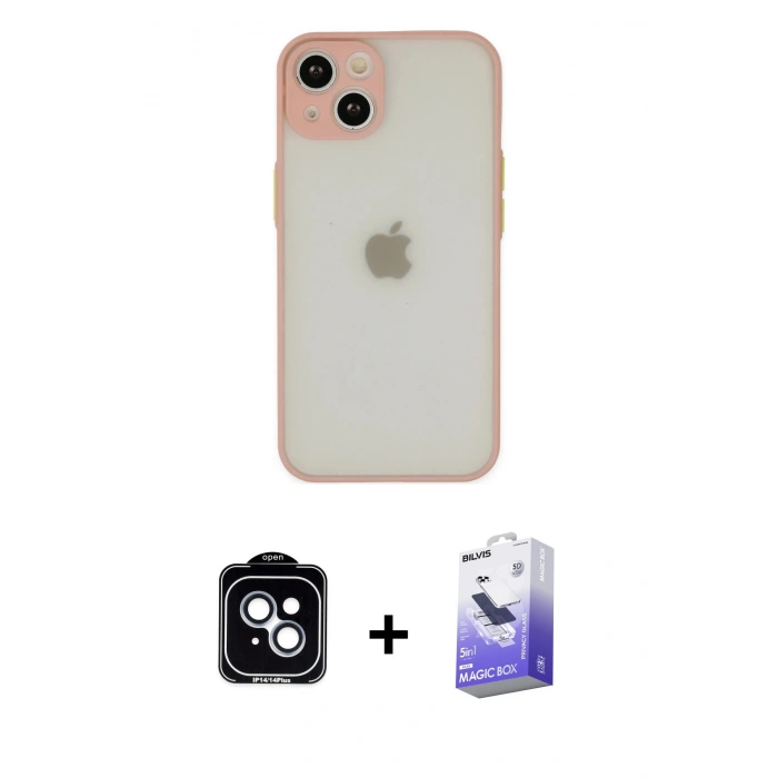 MARSİLYAN™- iPhone 14 Kılıf Ahenk Çizgi Serisi - Siyah Bilvis 5in1 5D Magic Hayalet Cam Ekran Koruyucu + PVD Metal Kamera Lens - MI