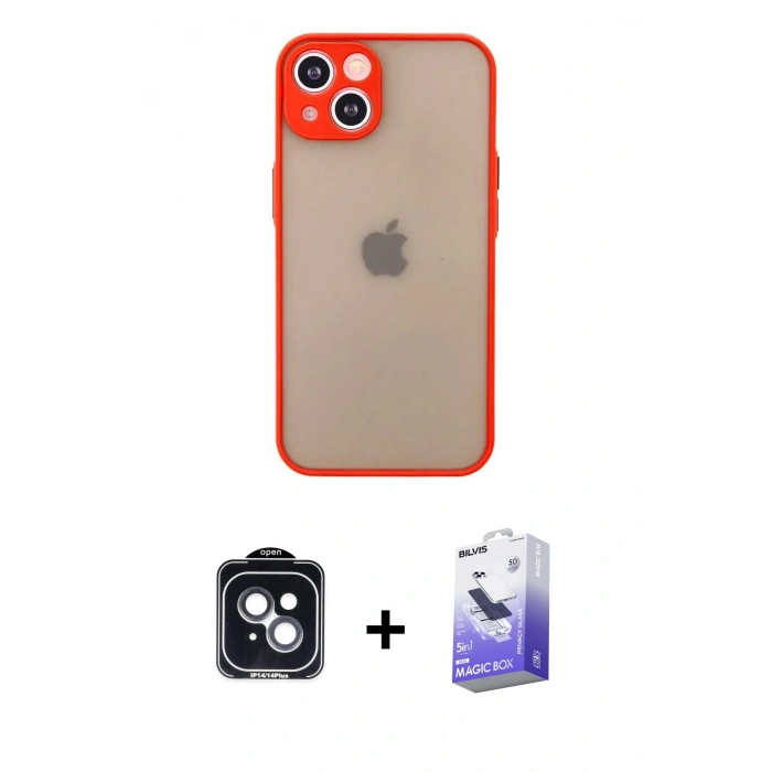 MARSİLYAN™- iPhone 14 Kılıf Ahenk Çizgi Serisi - Siyah Bilvis 5in1 5D Magic Hayalet Cam Ekran Koruyucu + PVD Metal Kamera Lens - SH