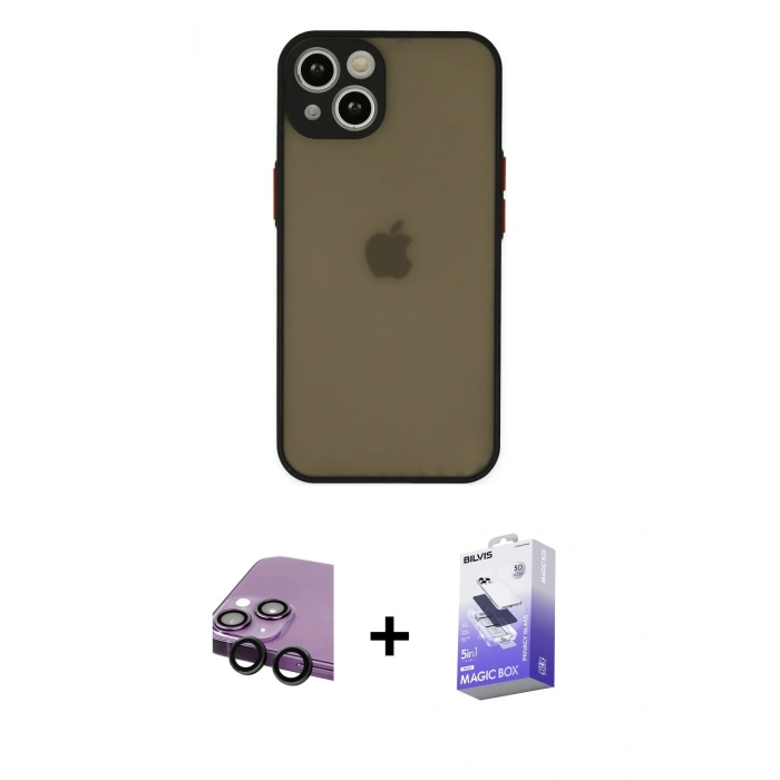 MARSİLYAN™- iPhone 14 Kılıf Ahenk Çizgi Serisi - Siyah Bilvis 5in1 5D Magic Hayalet Cam Ekran Koruyucu + Raze Metal Kamera Lens - SH