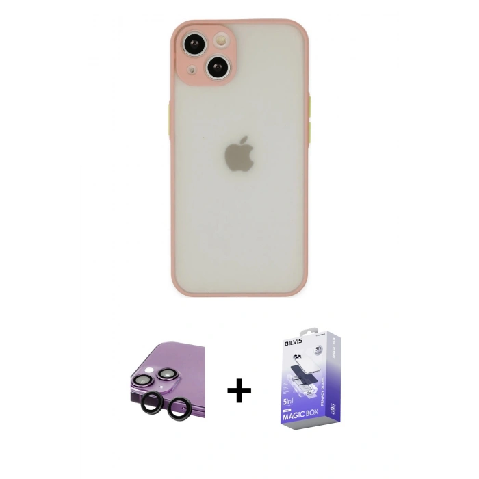 MARSİLYAN™- iPhone 14 Kılıf Ahenk Çizgi Serisi - Siyah Bilvis 5in1 5D Magic Hayalet Cam Ekran Koruyucu + Raze Metal Kamera Lens - SH