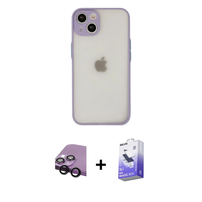 MARSİLYAN™- iPhone 14 Kılıf Ahenk Çizgi Serisi - Siyah Bilvis 5in1 5D Magic Hayalet Cam Ekran Koruyucu + Raze Metal Kamera Lens - SH