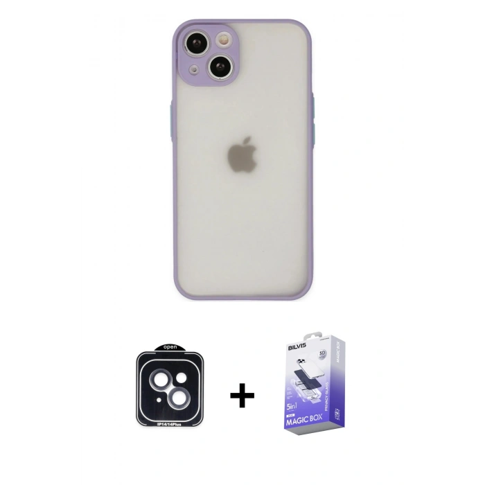 MARSİLYAN™- iPhone 14 Kılıf Ahenk Çizgi Serisi - Siyah Bilvis 5in1 5D Magic Hayalet Cam Ekran Koruyucu + Siyah PVD Metal Kamera Lens