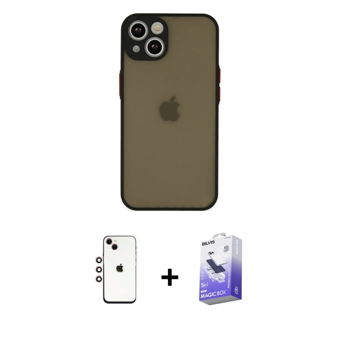 MARSİLYAN™- iPhone 14 Kılıf Ahenk Çizgi Serisi - Siyah Bilvis 5in1 5D Magic Hayalet Cam Ekran Koruyucu + Shine Kamera Lens - GI