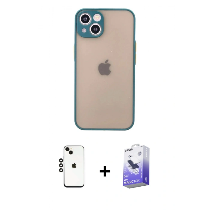 MARSİLYAN™- iPhone 14 Kılıf Ahenk Çizgi Serisi - Siyah Bilvis 5in1 5D Magic Hayalet Cam Ekran Koruyucu + Shine Kamera Lens - SH