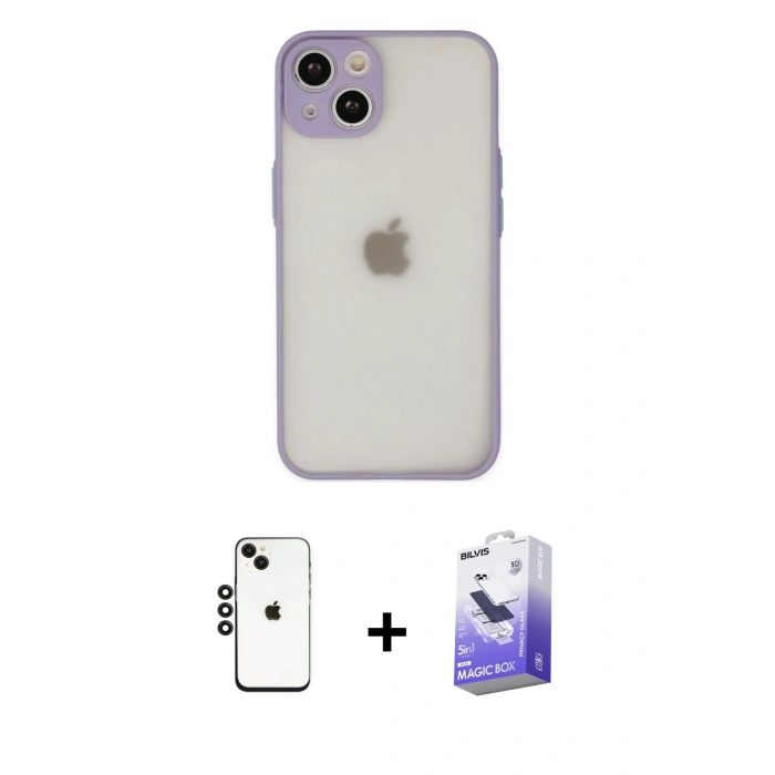 MARSİLYAN™- iPhone 14 Kılıf Ahenk Çizgi Serisi - Siyah Bilvis 5in1 5D Magic Hayalet Cam Ekran Koruyucu + Shine Kamera Lens - SH