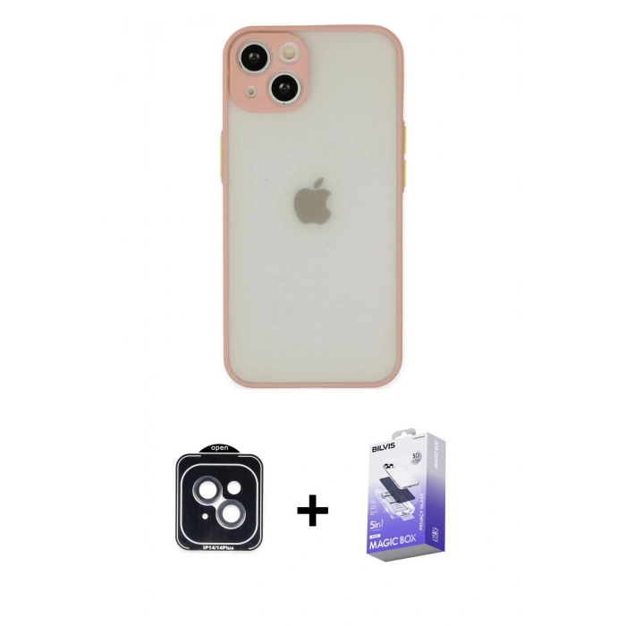 MARSİLYAN™- iPhone 14 Kılıf Ahenk Çizgi Serisi - Siyah Bilvis 5in1 5D Magic Hayalet Cam Ekran Koruyucu + Siyah PVD Metal Kamera Lens