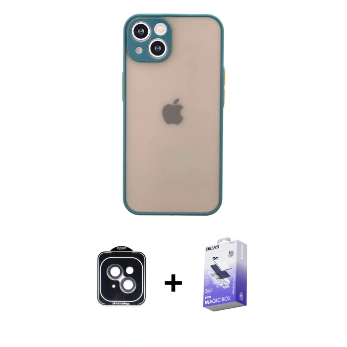 MARSİLYAN™- iPhone 14 Kılıf Ahenk Çizgi Serisi - Siyah Bilvis 5in1 5D Magic Hayalet Cam Ekran Koruyucu + Siyah PVD Metal Kamera Lens