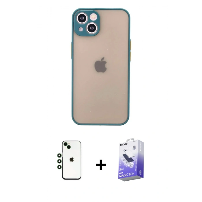 MARSİLYAN™- iPhone 14 Kılıf Ahenk Çizgi Serisi - Siyah Bilvis 5in1 5D Magic Hayalet Cam Ekran Koruyucu + Shine Kamera Lens - YL