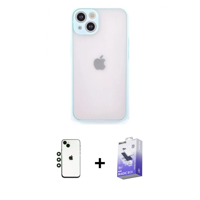 MARSİLYAN™- iPhone 14 Kılıf Ahenk Çizgi Serisi - Siyah Bilvis 5in1 5D Magic Hayalet Cam Ekran Koruyucu + Shine Kamera Lens - YL