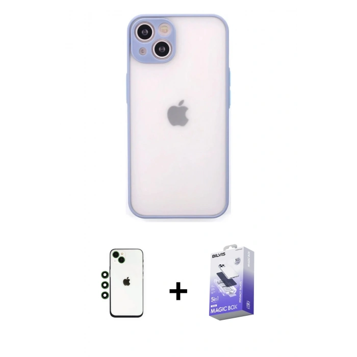MARSİLYAN™- iPhone 14 Kılıf Ahenk Çizgi Serisi - Siyah Bilvis 5in1 5D Magic Hayalet Cam Ekran Koruyucu + Shine Kamera Lens - YL