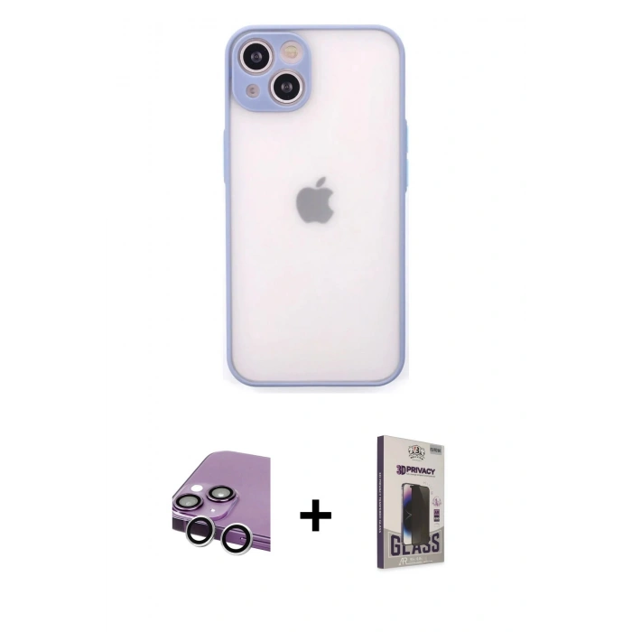 MARSİLYAN™- iPhone 14 Kılıf Ahenk Çizgi Serisi - Siyah Bilvis Hayalet Cam Ekran Koruyucu + Raze Metal Kamera Lens - GS