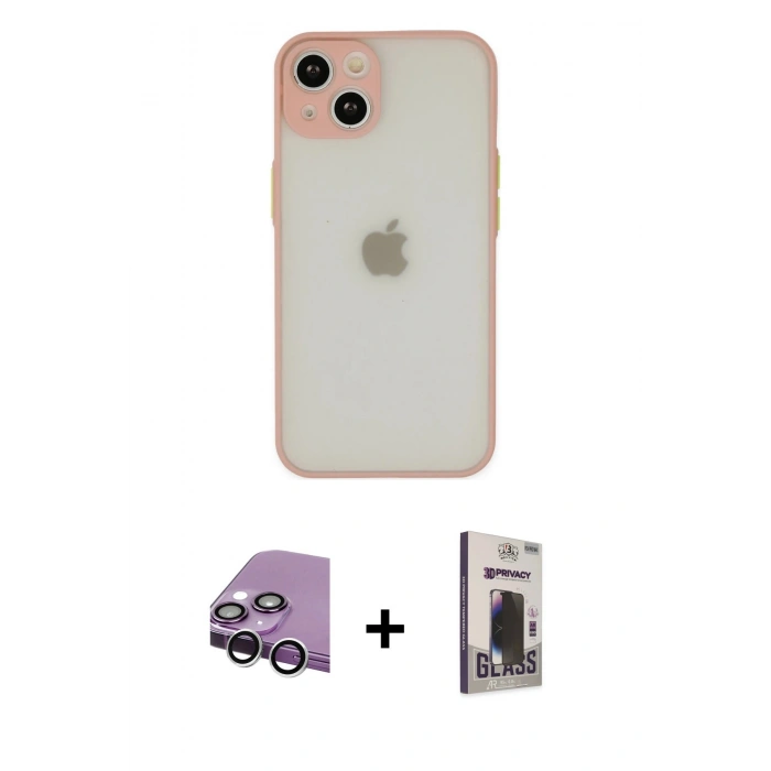 MARSİLYAN™- iPhone 14 Kılıf Ahenk Çizgi Serisi - Siyah Bilvis Hayalet Cam Ekran Koruyucu + Raze Metal Kamera Lens - GS