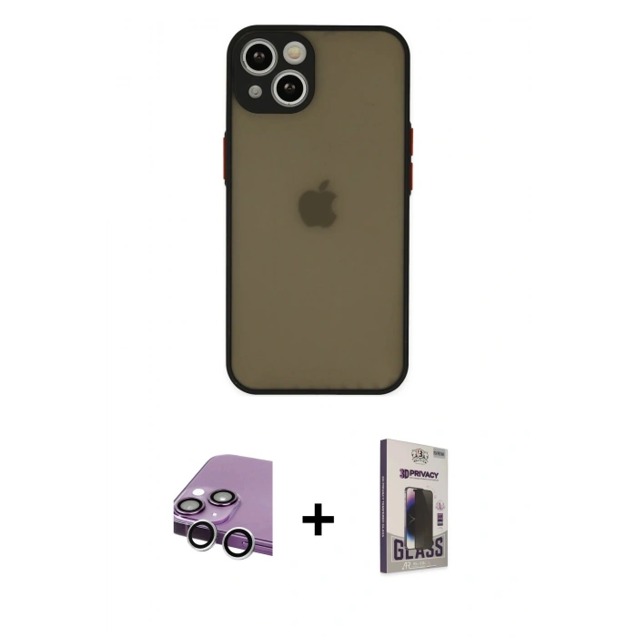 MARSİLYAN™- iPhone 14 Kılıf Ahenk Çizgi Serisi - Siyah Bilvis Hayalet Cam Ekran Koruyucu + Raze Metal Kamera Lens - GS
