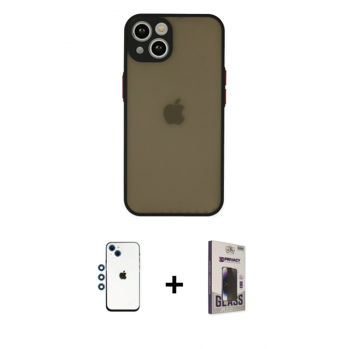 MARSİLYAN™- iPhone 14 Kılıf Ahenk Çizgi Serisi - Siyah Bilvis Hayalet Cam Ekran Koruyucu + Shine Kamera Lens - MI