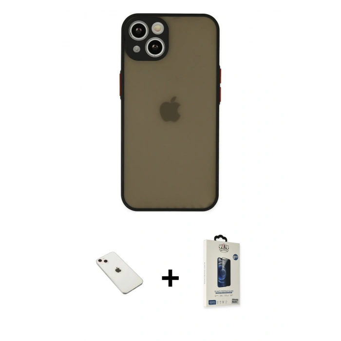 MARSİLYAN™- iPhone 14 Kılıf Ahenk Çizgi Serisi - Siyah Bilvis Hayalet Cam Ekran Koruyucu + Diamond Kamera Lens - PE