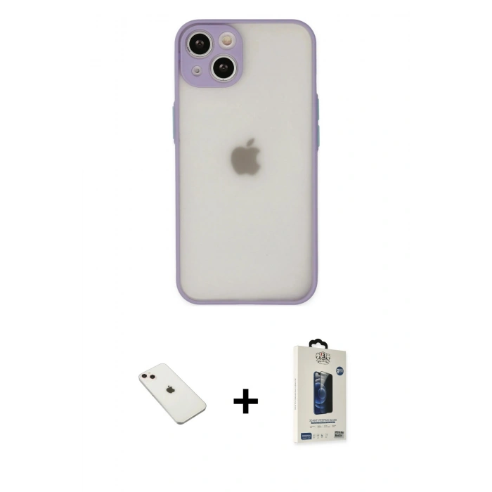MARSİLYAN™- iPhone 14 Kılıf Ahenk Çizgi Serisi - Siyah Bilvis Hayalet Cam Ekran Koruyucu + Diamond Kamera Lens - PE