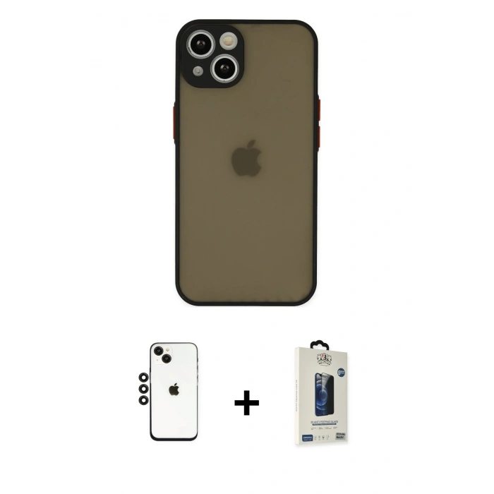 MARSİLYAN™- iPhone 14 Kılıf Ahenk Çizgi Serisi - Siyah Bilvis Hayalet Cam Ekran Koruyucu + Shine Kamera Lens - SH