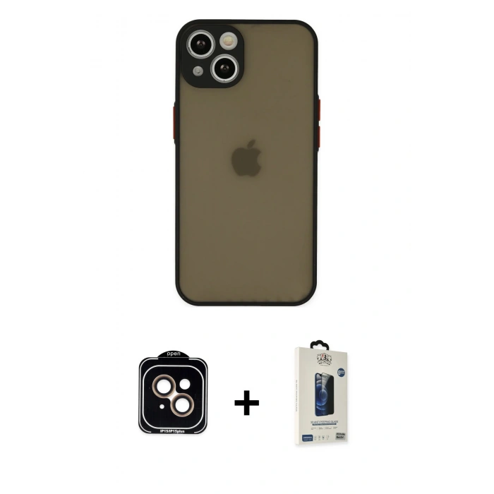 MARSİLYAN™- iPhone 14 Kılıf Ahenk Çizgi Serisi - Siyah Bilvis Hayalet Cam Ekran Koruyucu + PVD Metal Kamera Lens - TU