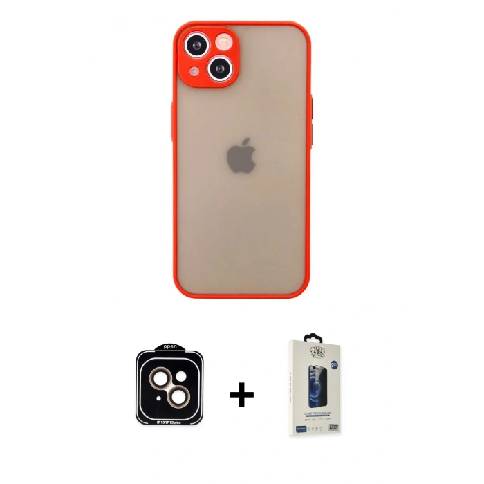 MARSİLYAN™- iPhone 14 Kılıf Ahenk Çizgi Serisi - Siyah Bilvis Hayalet Cam Ekran Koruyucu + PVD Metal Kamera Lens - TU
