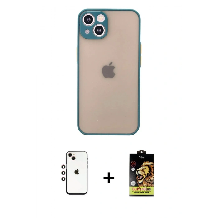 MARSİLYAN™- iPhone 14 Kılıf Ahenk Çizgi Serisi - Siyah Buffer Cam Ekran Koruyucu + Gökkuşağı Shine Kamera Lens