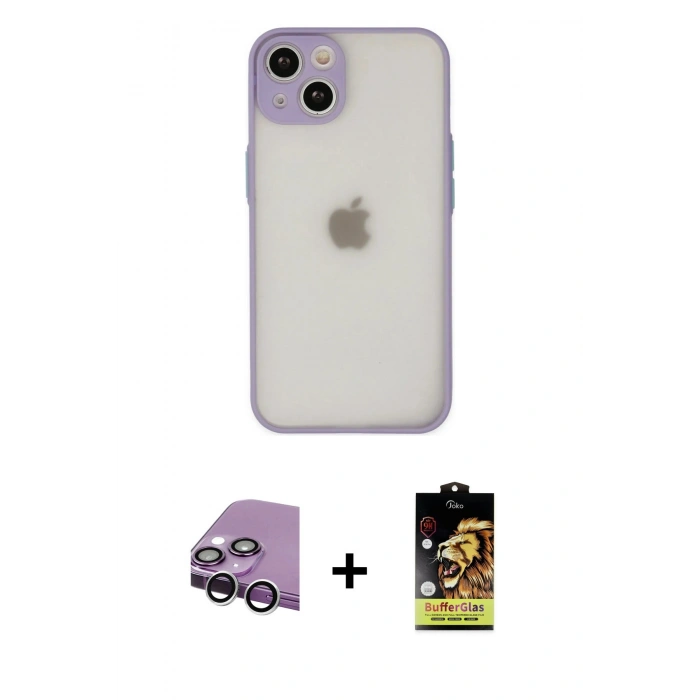 MARSİLYAN™- iPhone 14 Kılıf Ahenk Çizgi Serisi - Siyah Buffer Cam Ekran Koruyucu + Gümüş Raze Metal Kamera Lens