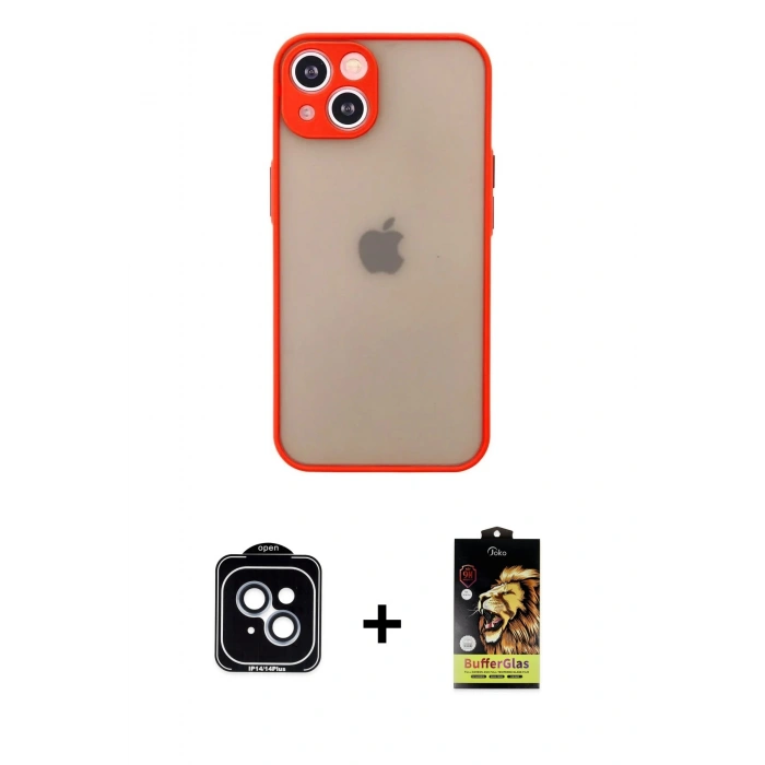 MARSİLYAN™- iPhone 14 Kılıf Ahenk Çizgi Serisi - Siyah Buffer Cam Ekran Koruyucu + Mavi PVD Metal Kamera Lens