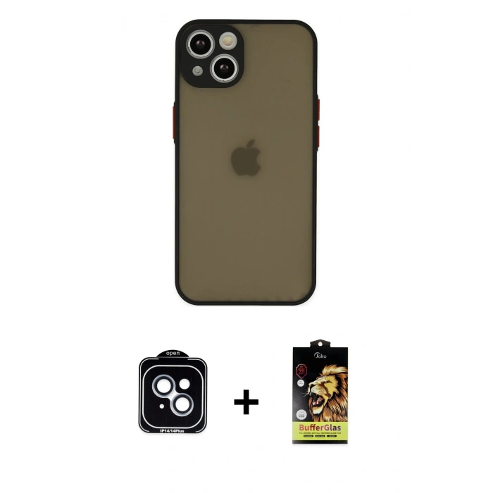 MARSİLYAN™- iPhone 14 Kılıf Ahenk Çizgi Serisi - Siyah Buffer Cam Ekran Koruyucu + Mavi PVD Metal Kamera Lens