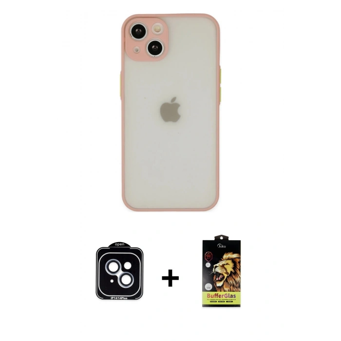 MARSİLYAN™- iPhone 14 Kılıf Ahenk Çizgi Serisi - Siyah Buffer Cam Ekran Koruyucu + Mavi PVD Metal Kamera Lens