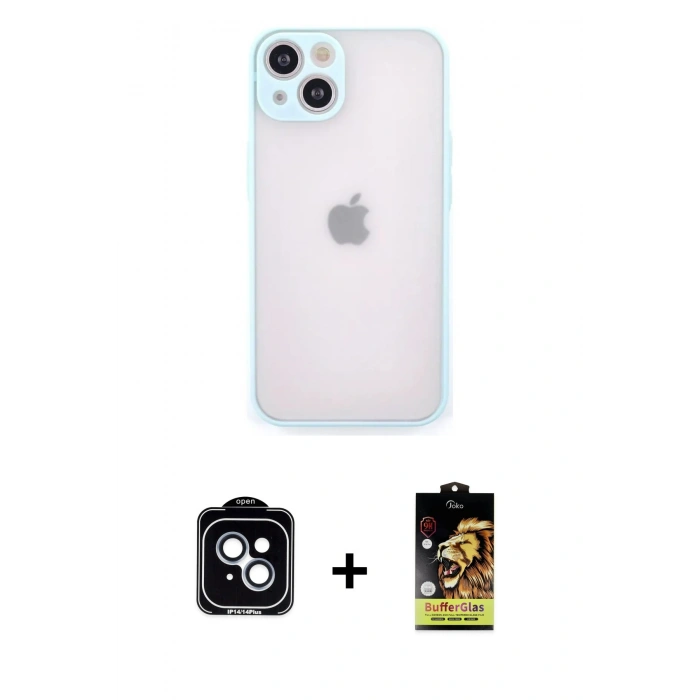 MARSİLYAN™- iPhone 14 Kılıf Ahenk Çizgi Serisi - Siyah Buffer Cam Ekran Koruyucu + Mavi PVD Metal Kamera Lens