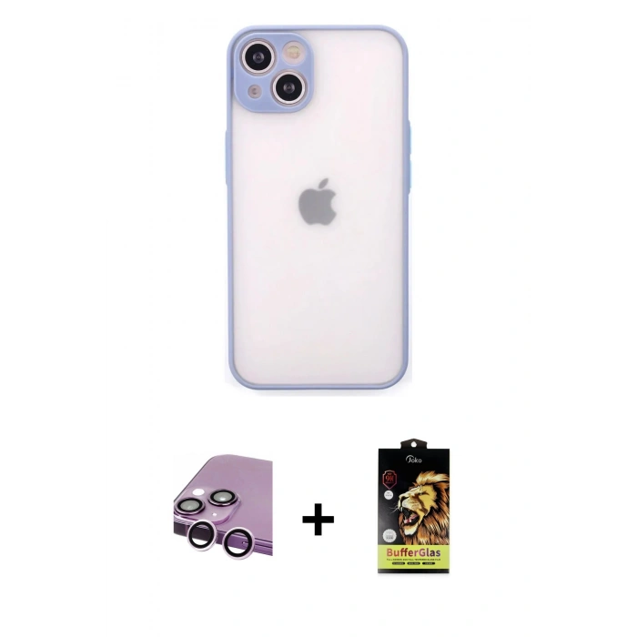 MARSİLYAN™- iPhone 14 Kılıf Ahenk Çizgi Serisi - Siyah Buffer Cam Ekran Koruyucu + Mor Raze Metal Kamera Lens