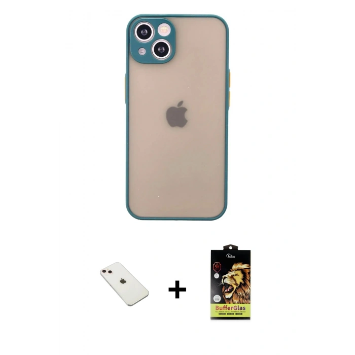 MARSİLYAN™- iPhone 14 Kılıf Ahenk Çizgi Serisi - Siyah Buffer Cam Ekran Koruyucu + Diamond Kamera Lens - PE