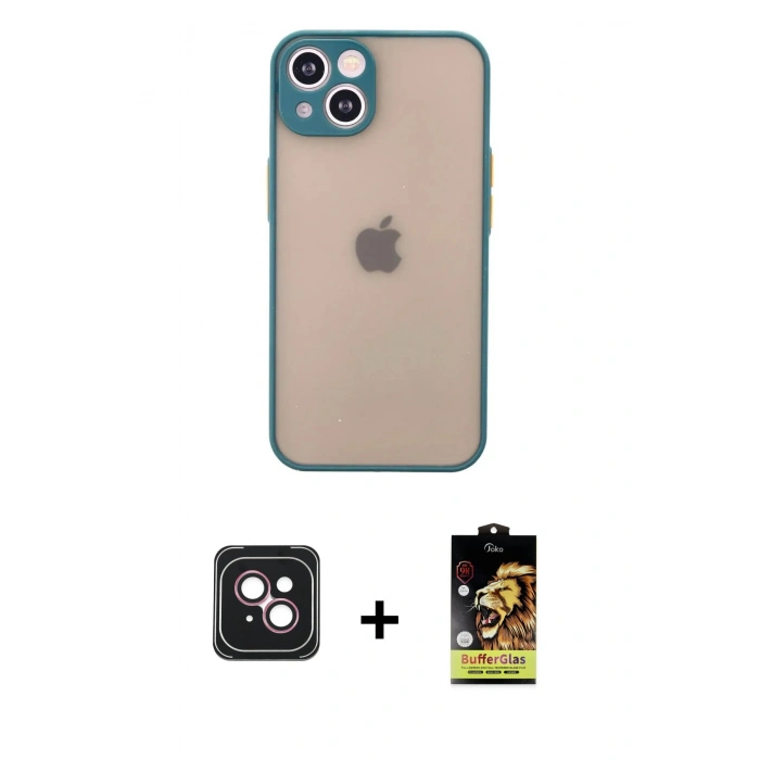 MARSİLYAN™- iPhone 14 Kılıf Ahenk Çizgi Serisi - Siyah Buffer Cam Ekran Koruyucu + Pembe PVD Metal Kamera Lens