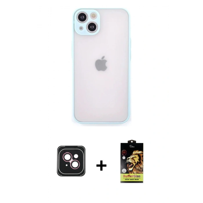MARSİLYAN™- iPhone 14 Kılıf Ahenk Çizgi Serisi - Siyah Buffer Cam Ekran Koruyucu + Pembe PVD Metal Kamera Lens
