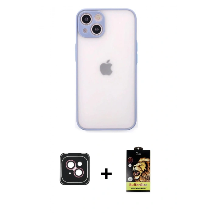 MARSİLYAN™- iPhone 14 Kılıf Ahenk Çizgi Serisi - Siyah Buffer Cam Ekran Koruyucu + Pembe PVD Metal Kamera Lens