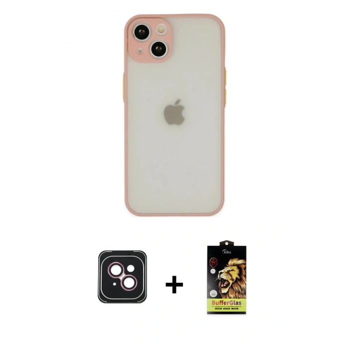 MARSİLYAN™- iPhone 14 Kılıf Ahenk Çizgi Serisi - Siyah Buffer Cam Ekran Koruyucu + Pembe PVD Metal Kamera Lens