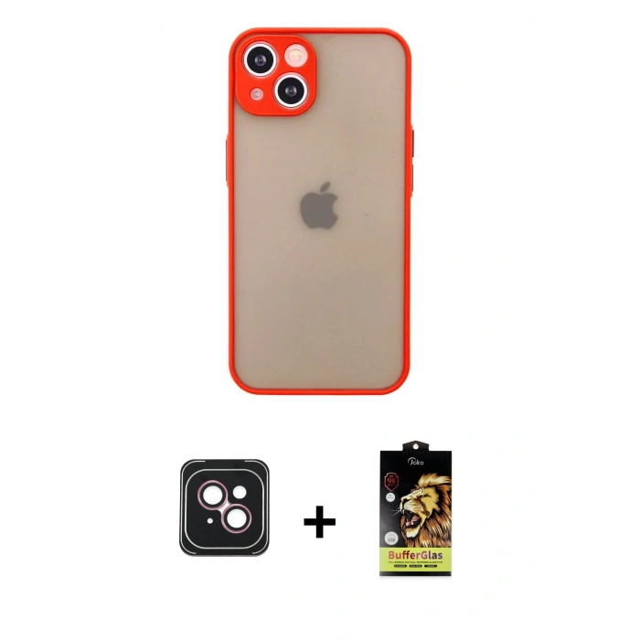MARSİLYAN™- iPhone 14 Kılıf Ahenk Çizgi Serisi - Siyah Buffer Cam Ekran Koruyucu + Pembe PVD Metal Kamera Lens